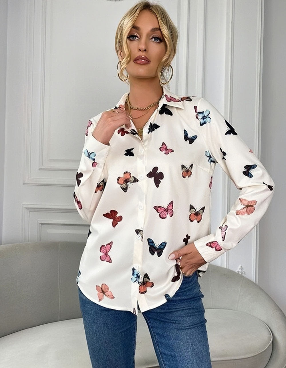 Butterfly Print Lapel Button Front Long Sleeve Shirt