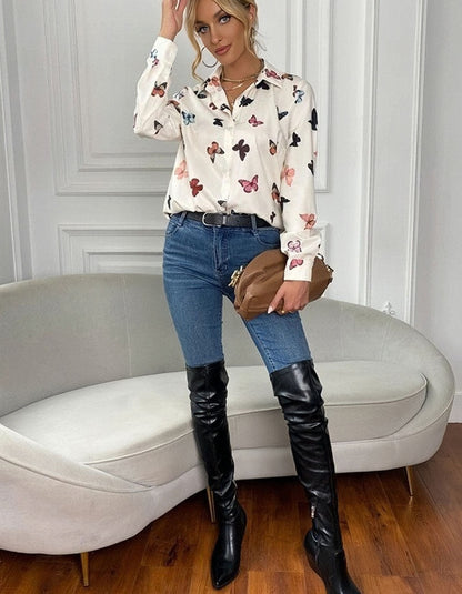 Butterfly Print Lapel Button Front Long Sleeve Shirt