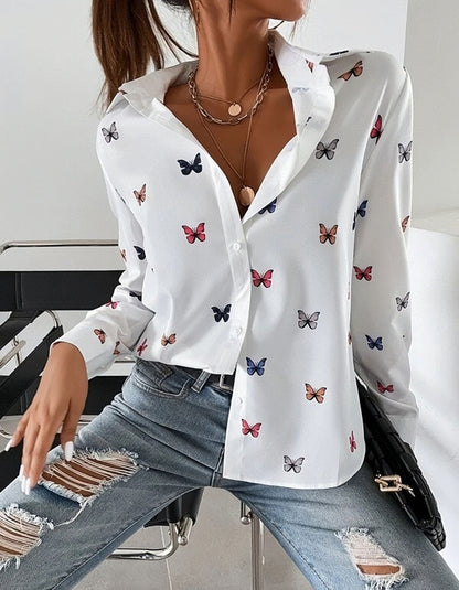 Butterfly Print Lapel Button Front Long Sleeve Shirt