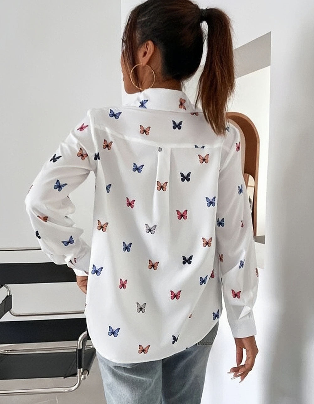 Butterfly Print Lapel Button Front Long Sleeve Shirt