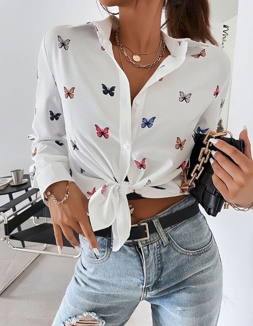 Butterfly Print Lapel Button Front Long Sleeve Shirt