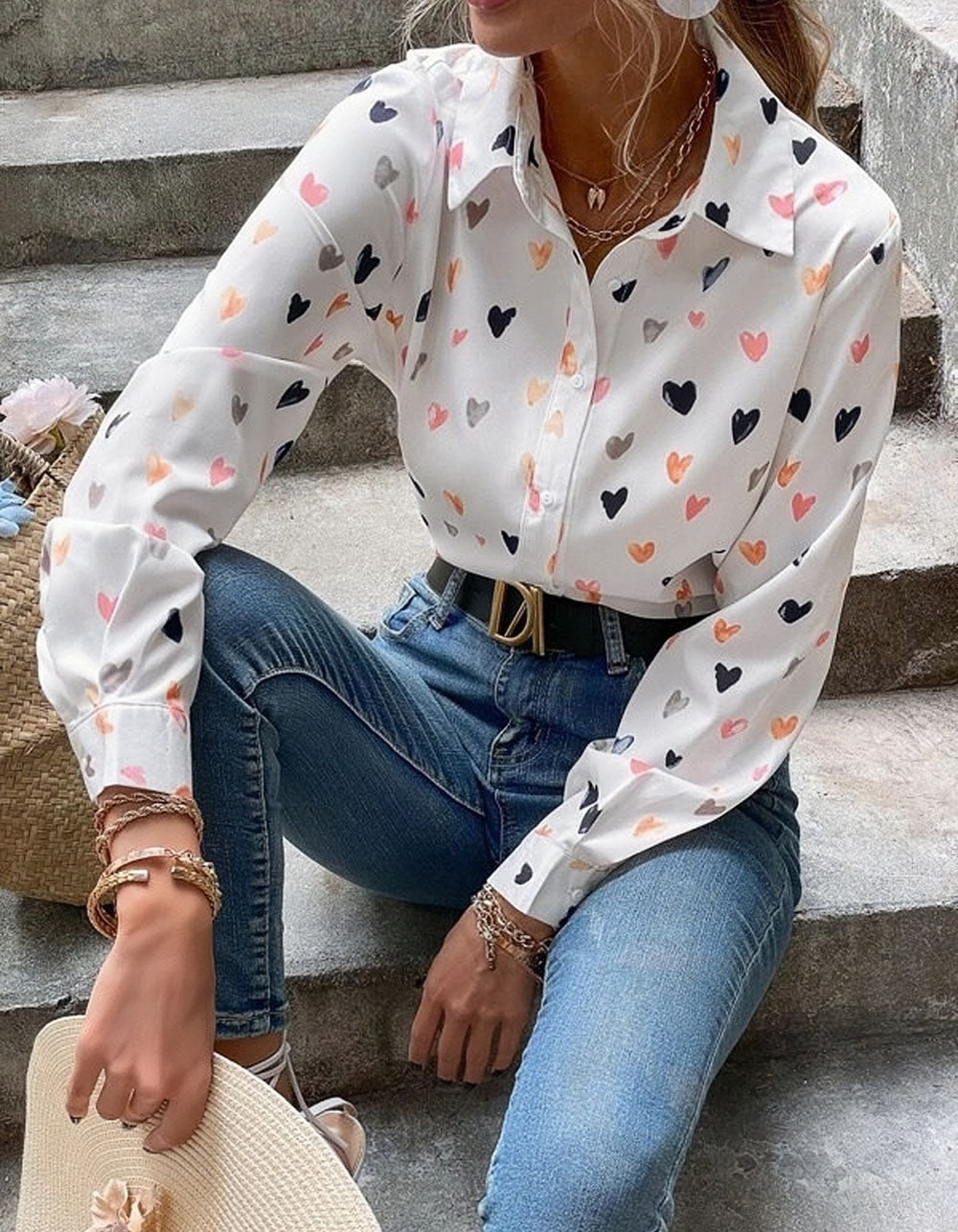 Butterfly Print Lapel Button Front Long Sleeve Shirt