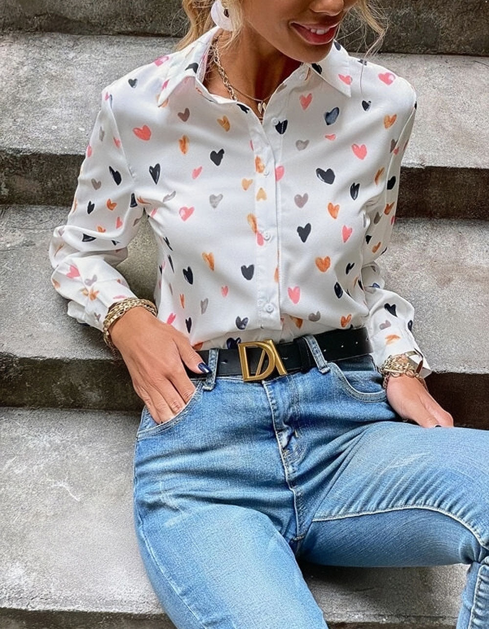 Butterfly Print Lapel Button Front Long Sleeve Shirt