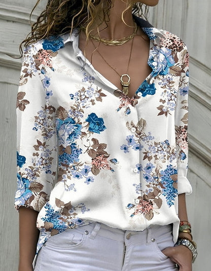 Floral Print Long Sleeve Lapel Button Front Loose Shirt