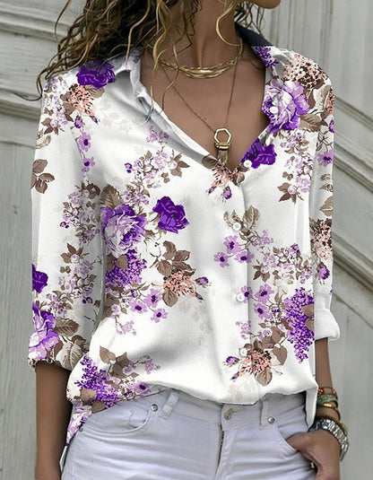 Floral Print Long Sleeve Lapel Button Front Loose Shirt