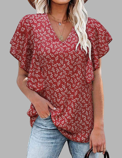 Disty Floral Printed V Neck Pleated Short Sleeve Shirt