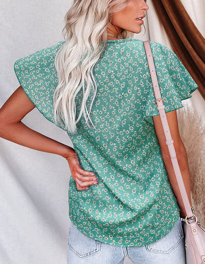 Disty Floral Printed V Neck Pleated Short Sleeve Shirt