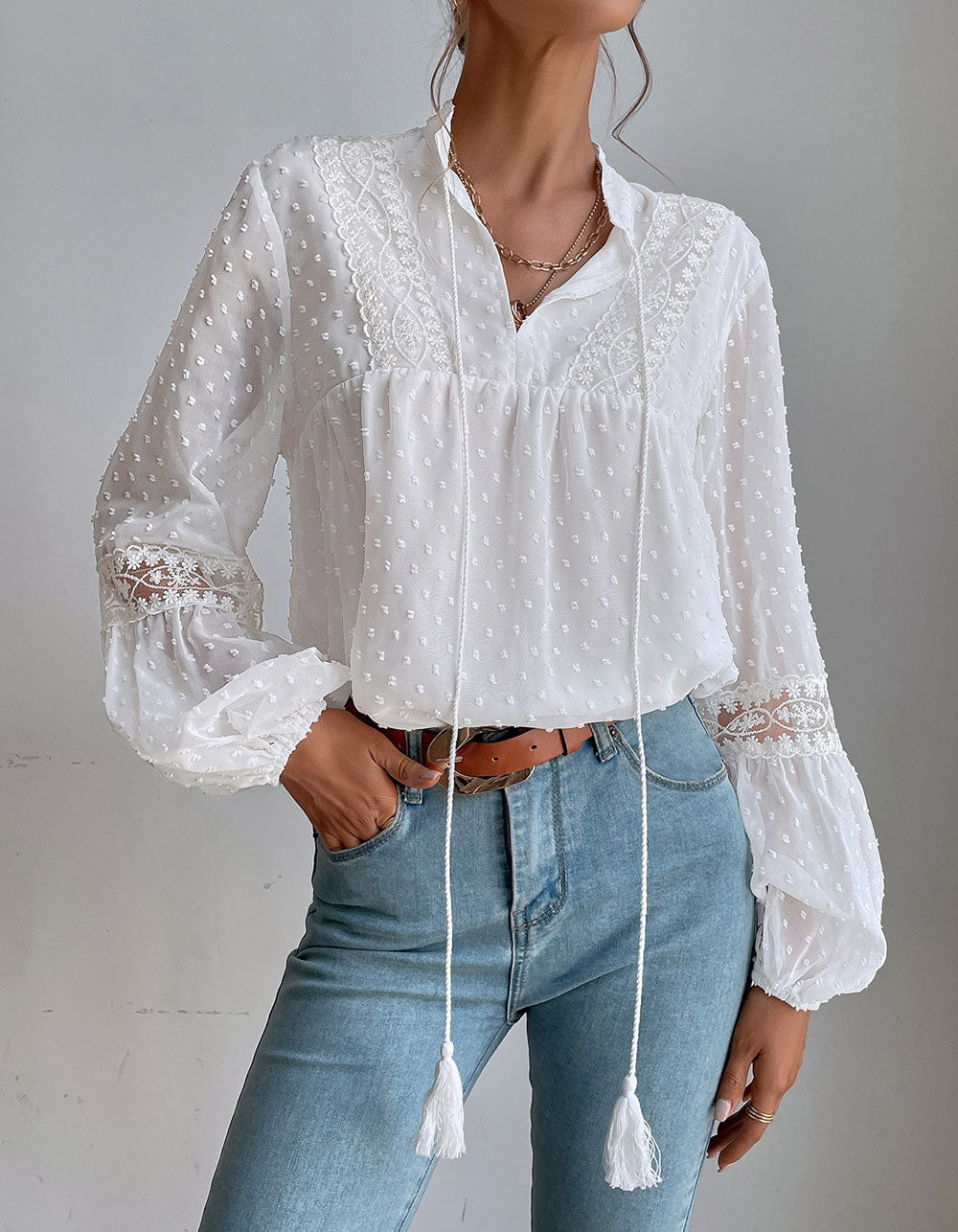 Solid-color Polka-dot Fringe Chiffon Lace Stitching Loose Shirt