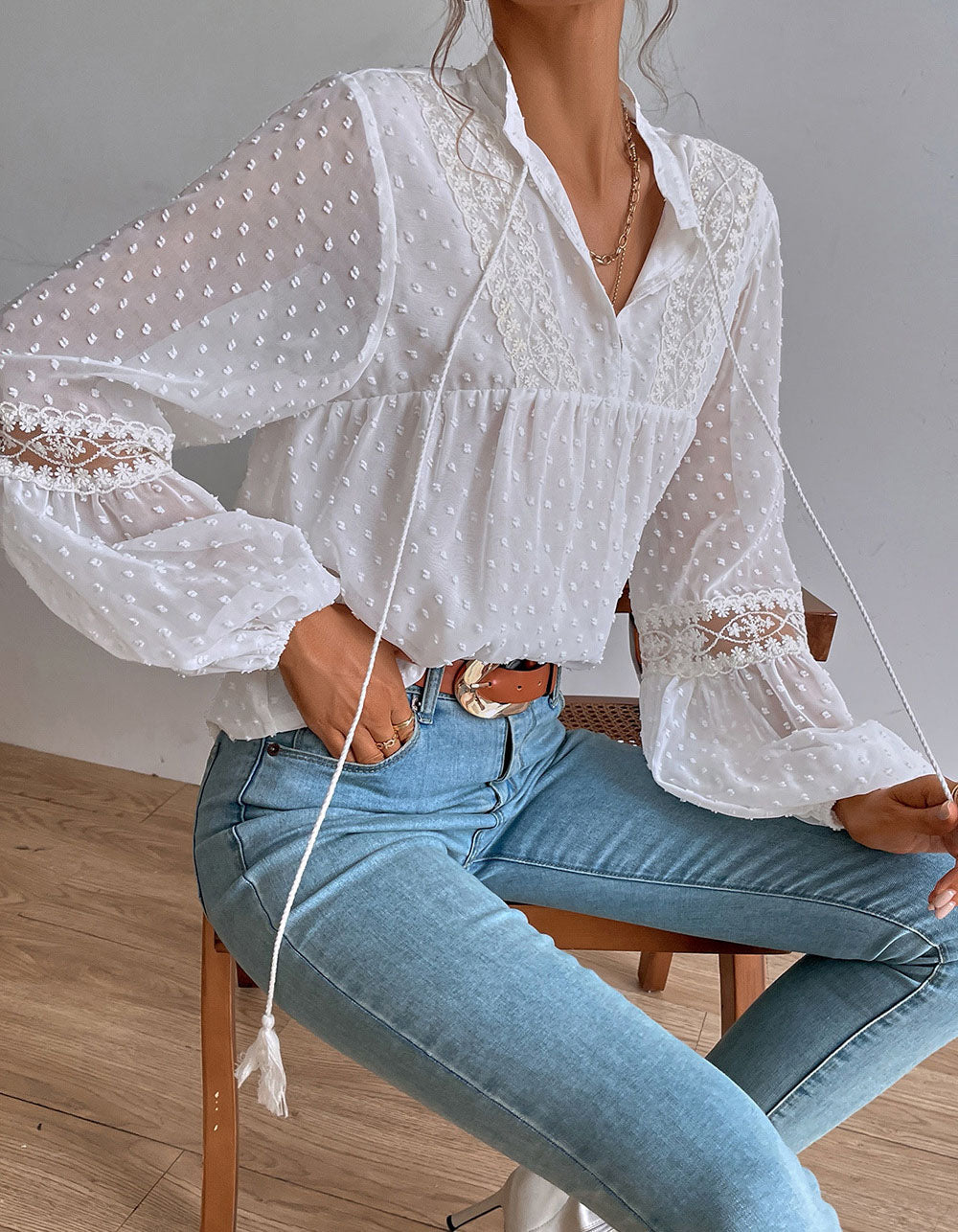 Solid-color Polka-dot Fringe Chiffon Lace Stitching Loose Shirt