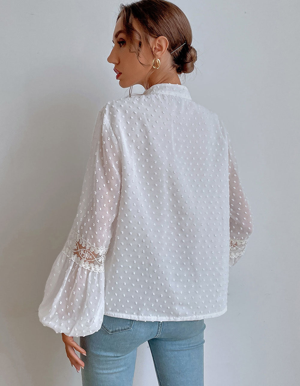 Solid-color Polka-dot Fringe Chiffon Lace Stitching Loose Shirt