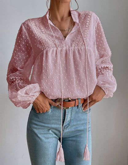 Solid-color Polka-dot Fringe Chiffon Lace Stitching Loose Shirt