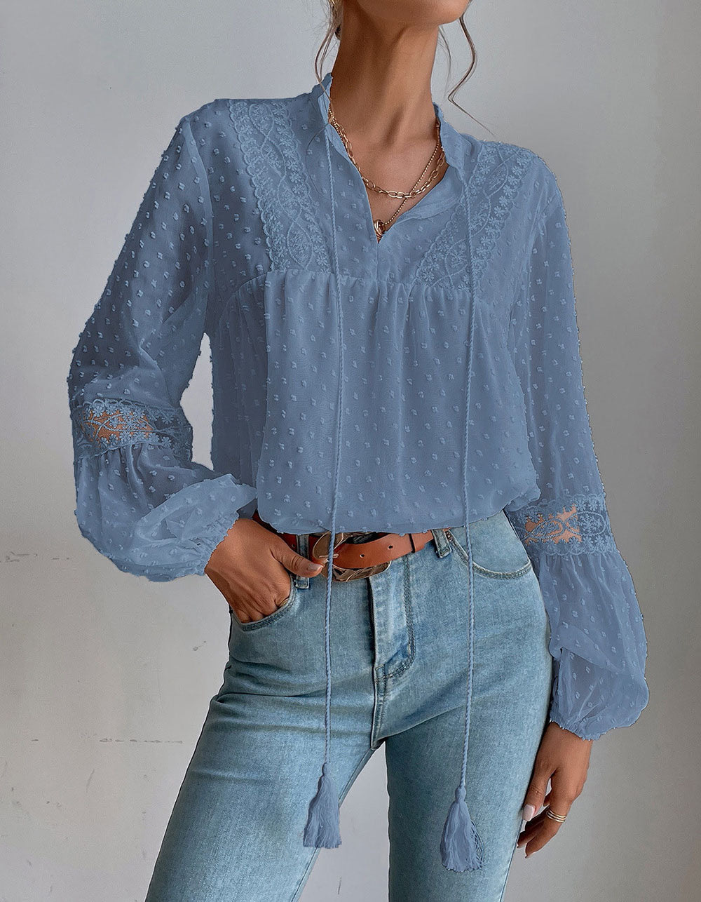 Solid-color Polka-dot Fringe Chiffon Lace Stitching Loose Shirt