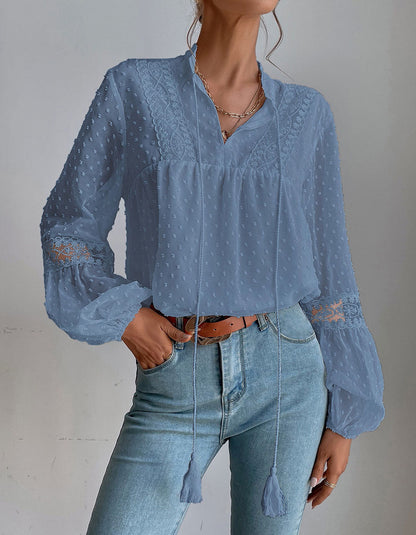 Solid-color Polka-dot Fringe Chiffon Lace Stitching Loose Shirt