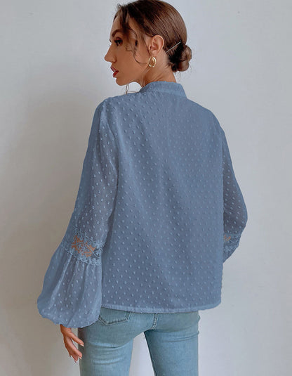 Solid-color Polka-dot Fringe Chiffon Lace Stitching Loose Shirt