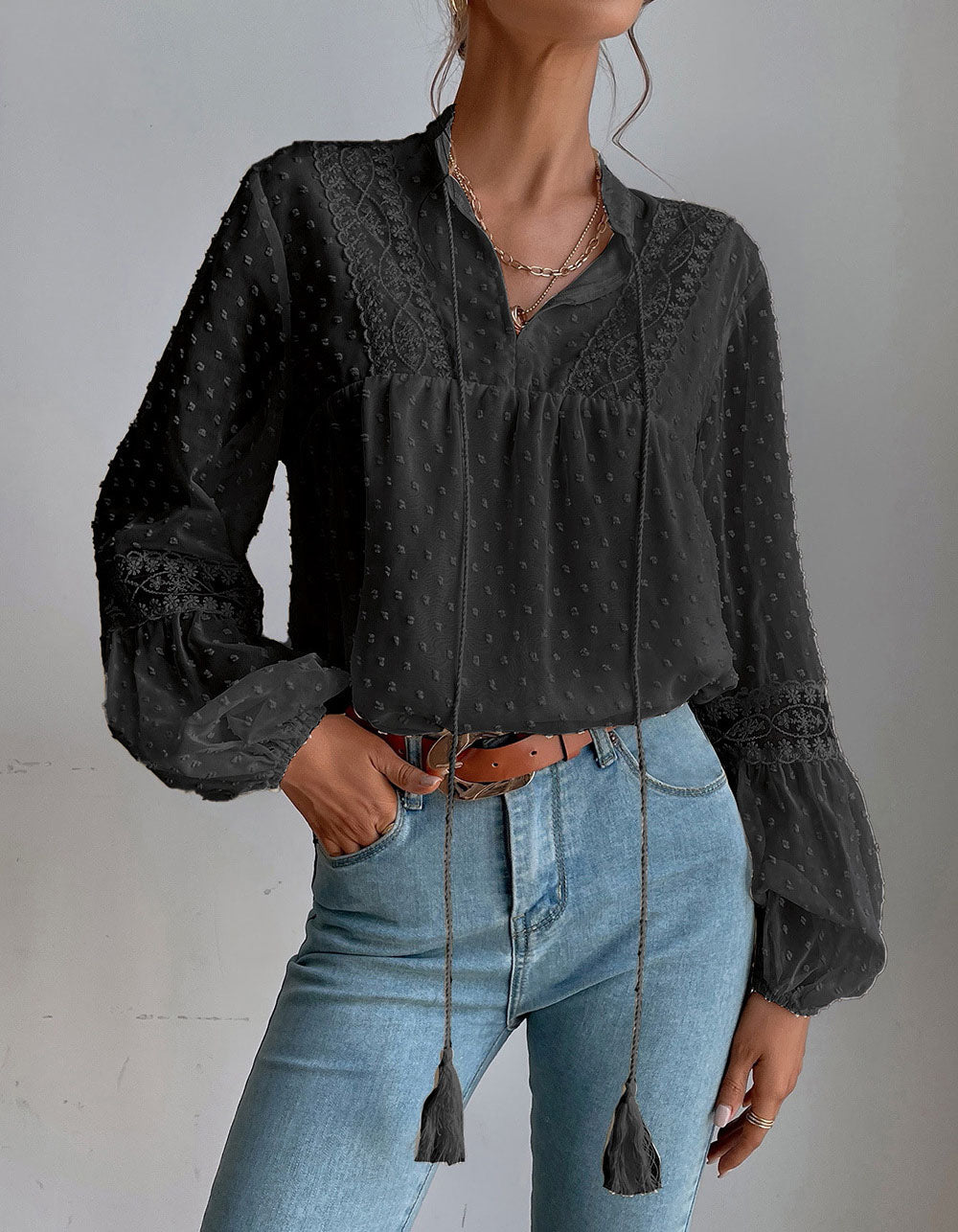 Solid-color Polka-dot Fringe Chiffon Lace Stitching Loose Shirt