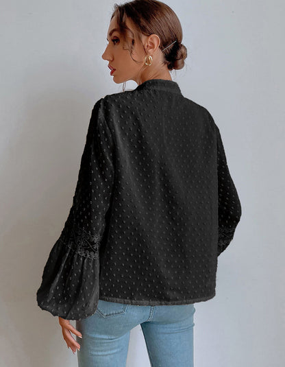 Solid-color Polka-dot Fringe Chiffon Lace Stitching Loose Shirt