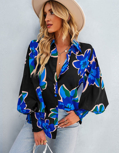 Floral Printed Lapel Long Sleeve Button Front Loose Midi Shirt