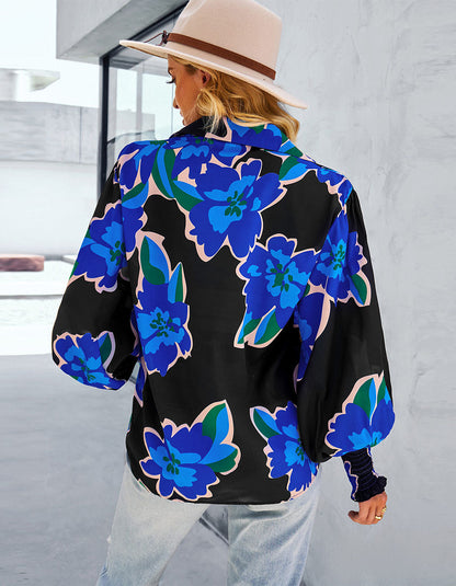 Floral Printed Lapel Long Sleeve Button Front Loose Midi Shirt