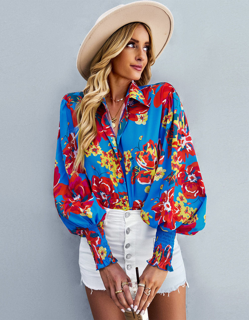 Floral Printed Lapel Long Sleeve Button Front Loose Midi Shirt