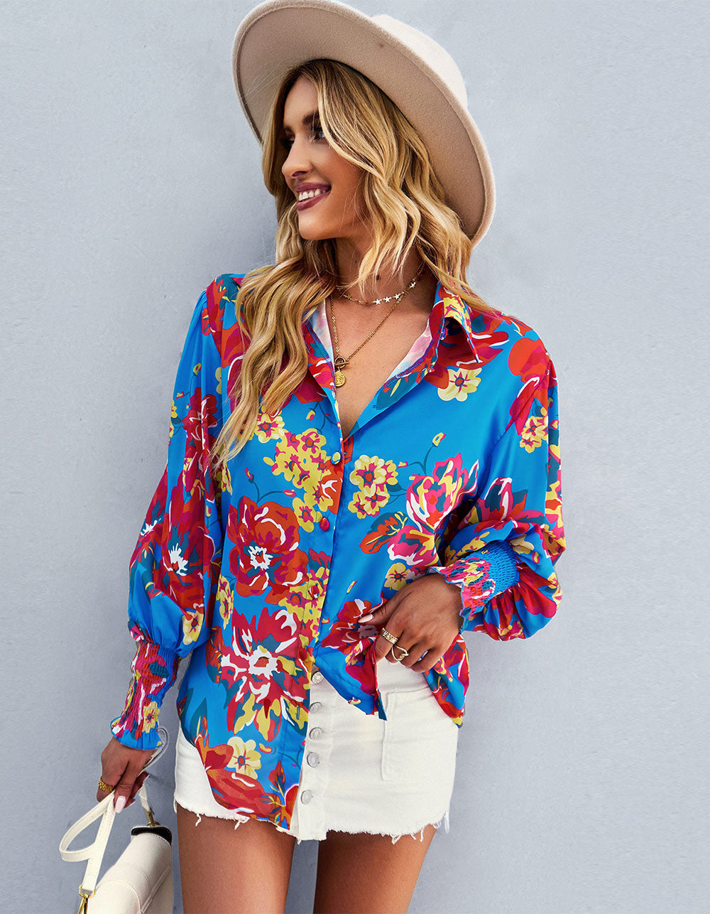 Floral Printed Lapel Long Sleeve Button Front Loose Midi Shirt