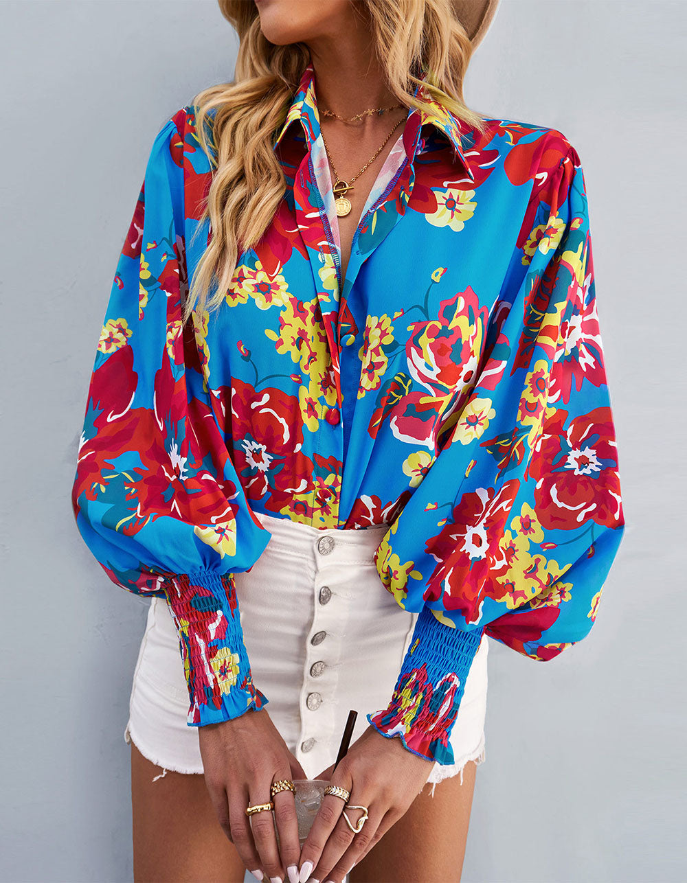 Floral Printed Lapel Long Sleeve Button Front Loose Midi Shirt