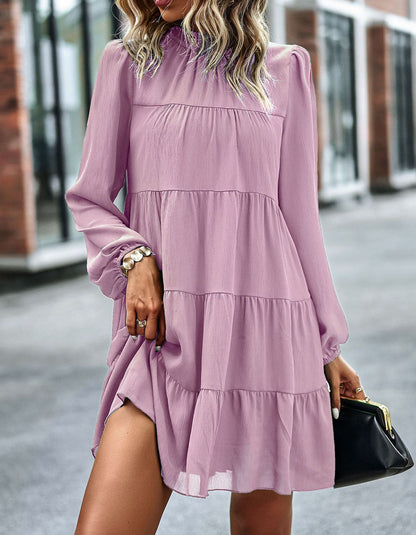 Solid-color Round Neck Long Sleeve Loose Short A-Line Ruffle Hem Dresses