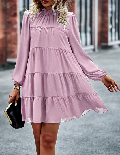 Solid-color Round Neck Long Sleeve Loose Short A-Line Ruffle Hem Dresses