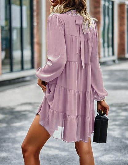 Solid-color Round Neck Long Sleeve Loose Short A-Line Ruffle Hem Dresses