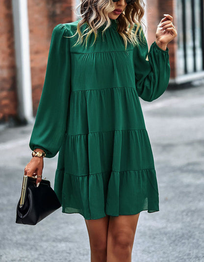 Solid-color Round Neck Long Sleeve Loose Short A-Line Ruffle Hem Dresses