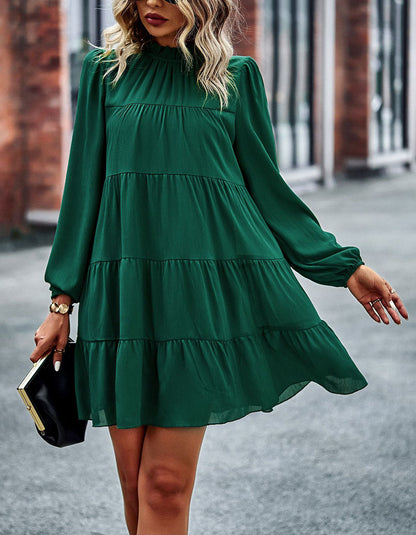 Solid-color Round Neck Long Sleeve Loose Short A-Line Ruffle Hem Dresses