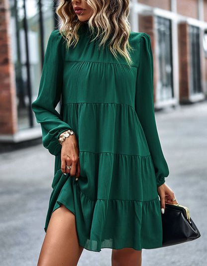 Solid-color Round Neck Long Sleeve Loose Short A-Line Ruffle Hem Dresses