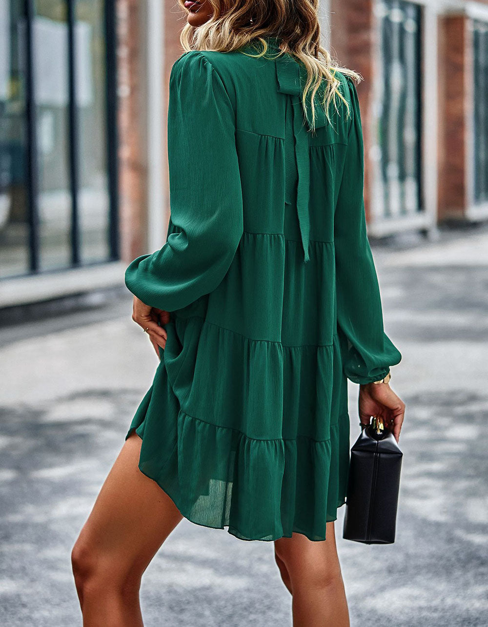 Solid-color Round Neck Long Sleeve Loose Short A-Line Ruffle Hem Dresses