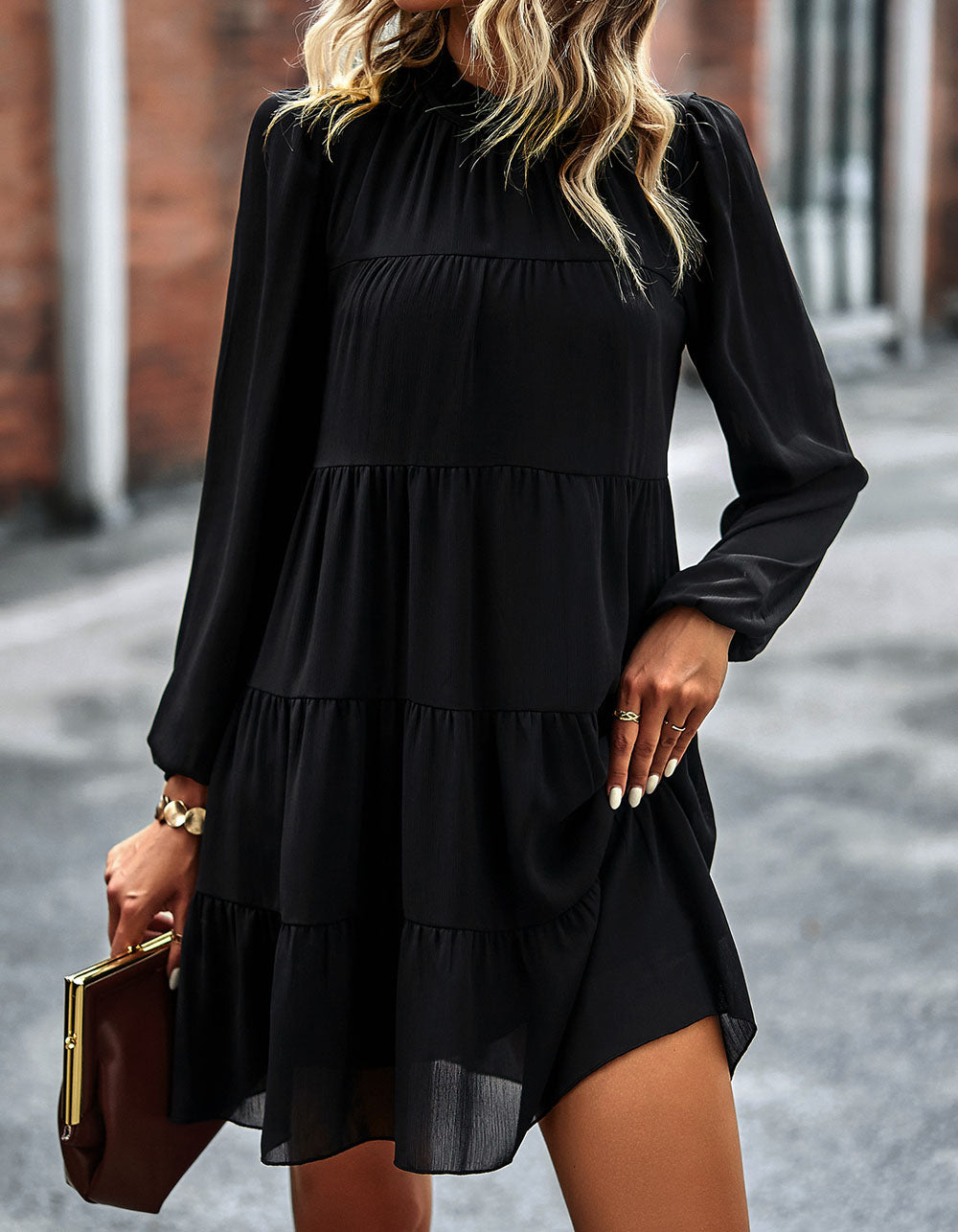 Solid-color Round Neck Long Sleeve Loose Short A-Line Ruffle Hem Dresses