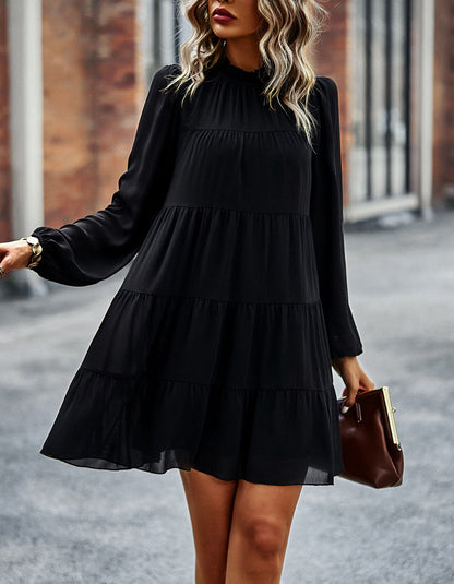 Solid-color Round Neck Long Sleeve Loose Short A-Line Ruffle Hem Dresses