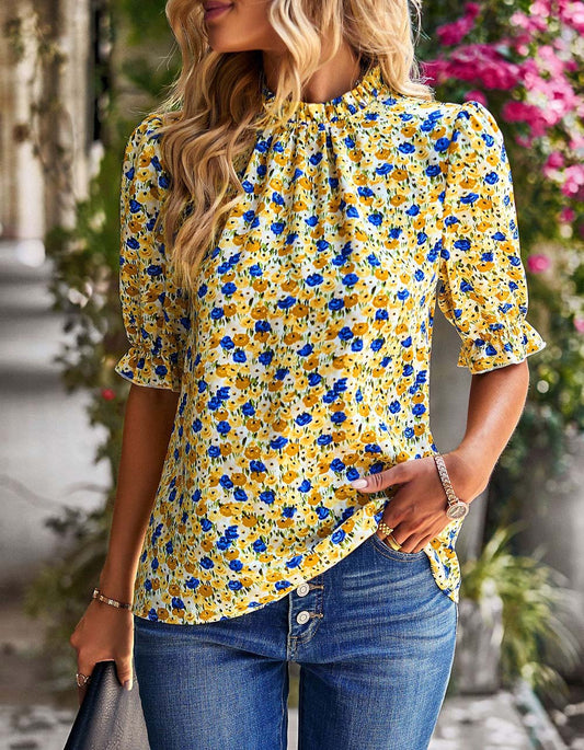 Disty Floral Round Neck 1/2 Sleeve Slim Shirt