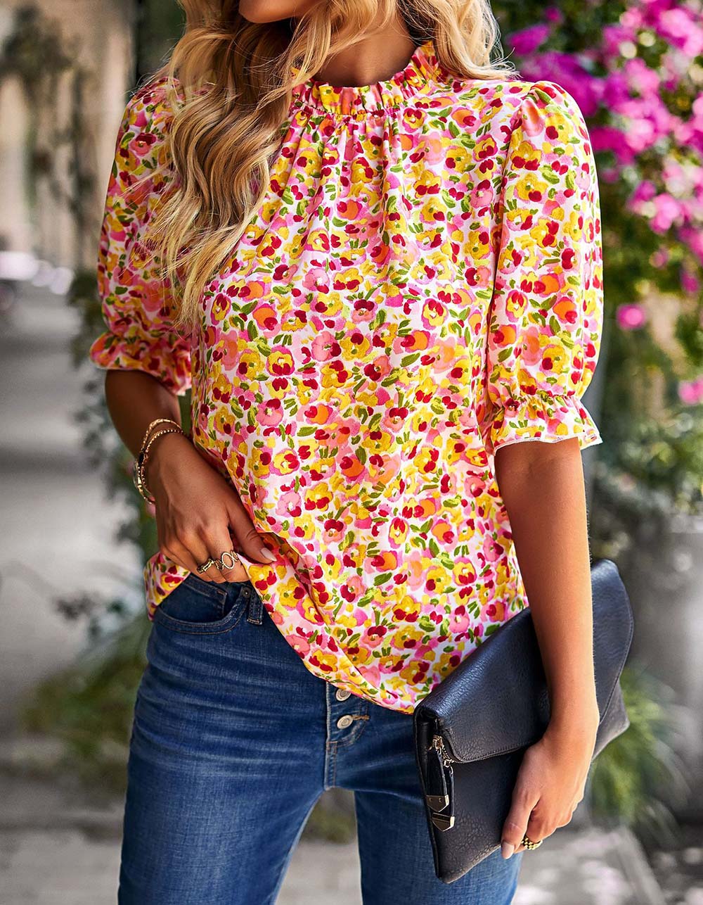 Disty Floral Round Neck 1/2 Sleeve Slim Shirt