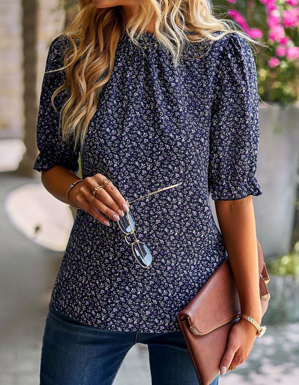 Disty Floral Round Neck 1/2 Sleeve Slim Shirt