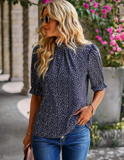 Disty Floral Round Neck 1/2 Sleeve Slim Shirt