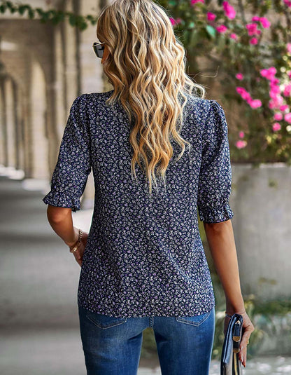 Disty Floral Round Neck 1/2 Sleeve Slim Shirt