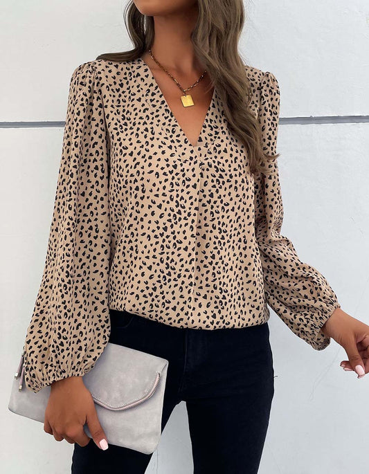 Leopard Printed V Neck Long Sleeve Shirt