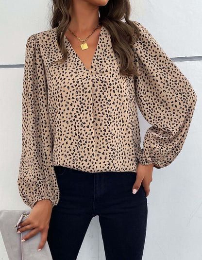 Leopard Printed V Neck Long Sleeve Shirt