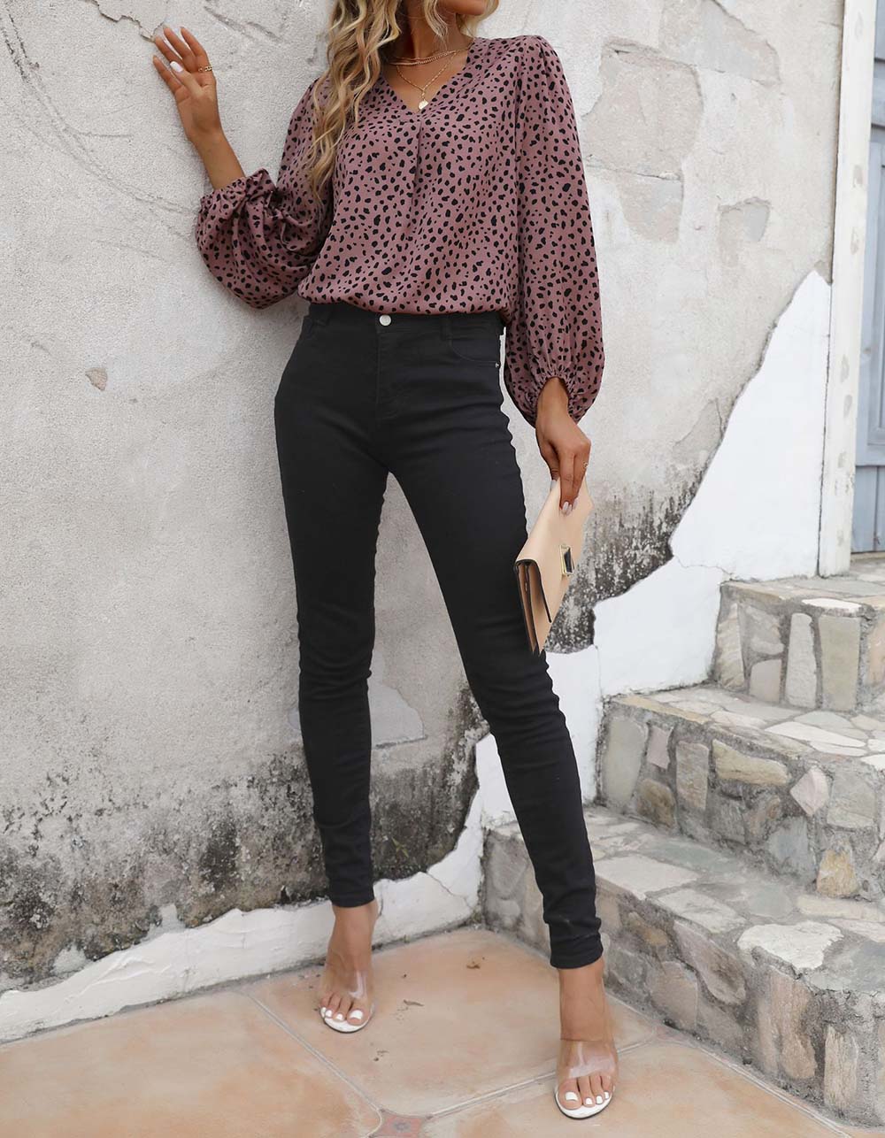 Leopard Printed V Neck Long Sleeve Shirt