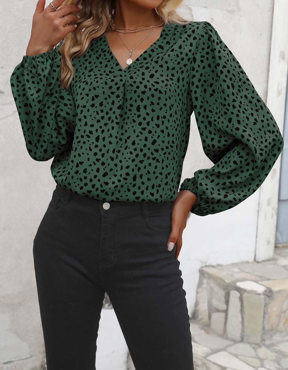 Leopard Printed V Neck Long Sleeve Shirt