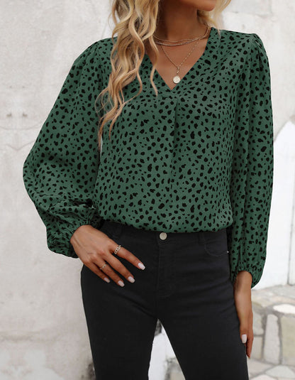 Leopard Printed V Neck Long Sleeve Shirt