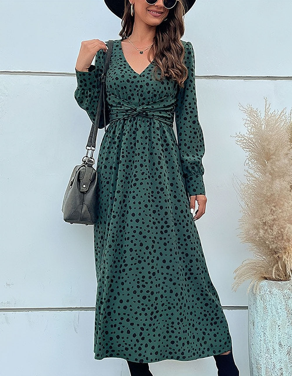 Green Long Sleeve Leopard Printed V Neck Mid Waist Mid A-Line Dresses