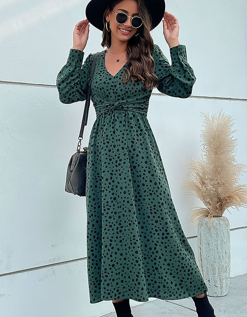 Green Long Sleeve Leopard Printed V Neck Mid Waist Mid A-Line Dresses