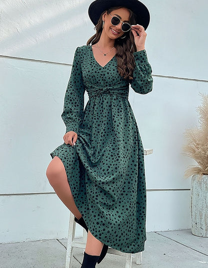 Green Long Sleeve Leopard Printed V Neck Mid Waist Mid A-Line Dresses