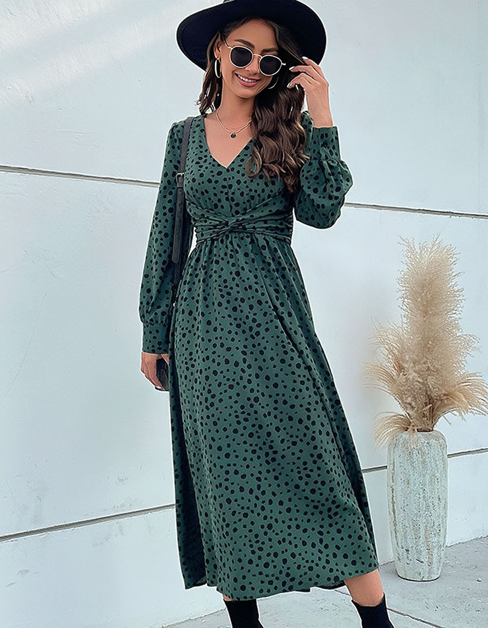 Green Long Sleeve Leopard Printed V Neck Mid Waist Mid A-Line Dresses