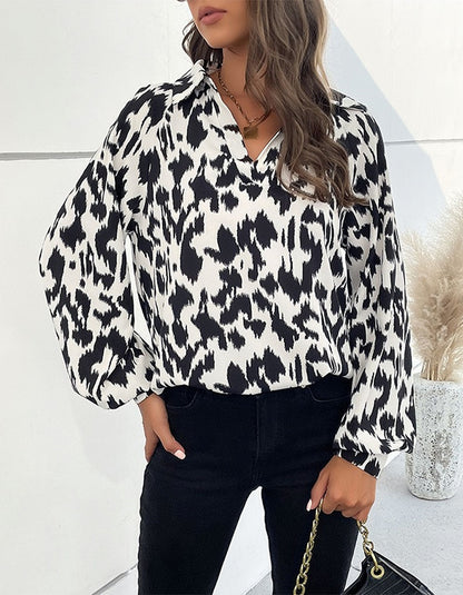 Lapel Long Sleeve Leopard Printed Shirt