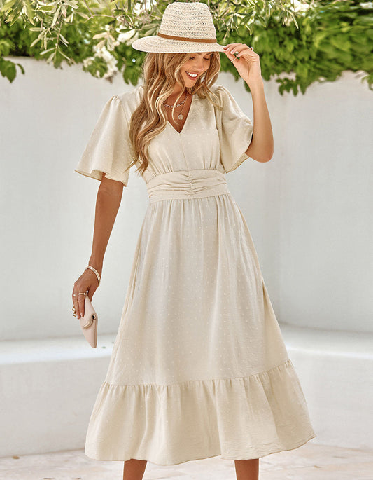 Plain Solid-color Flounce Sleeve Ruffle Long A-Line Dresses